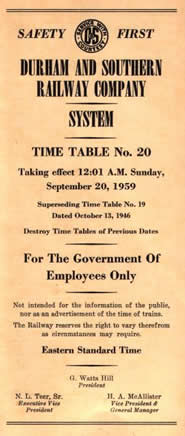 Durham & Southern Railway Company System Timetable No. 20